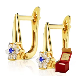 Złote kolczyki z kwiatami niebieska cyrkonia