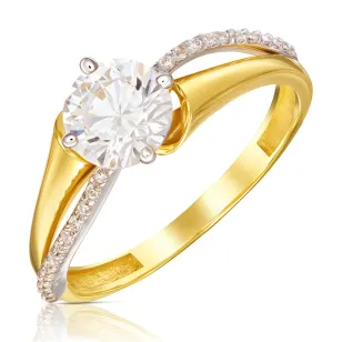 Zaręczynowy złoty pierścionek z białe kamienie