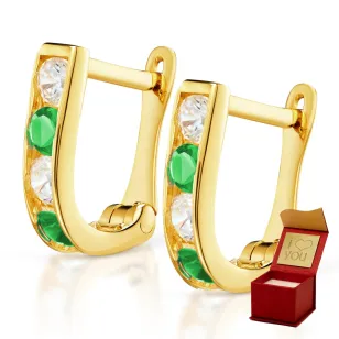 Złote kolczyki Prostokąciki zielone próba 585
