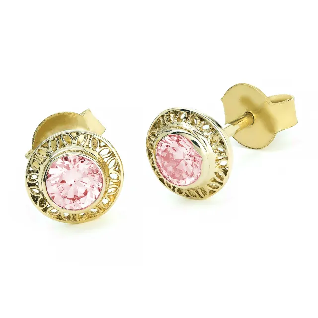 Złote kolczyki ażurowe z różowym oczkiem 585