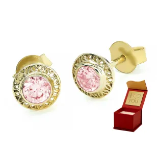 Złote kolczyki ażurowe z różowym oczkiem