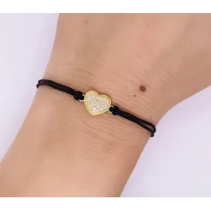 Pozłacana bransoletka Czarny sznurek SERCE cyrkonie