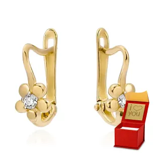 Kolczyki złoty kwiatuszek z białą cyrkonią w środku