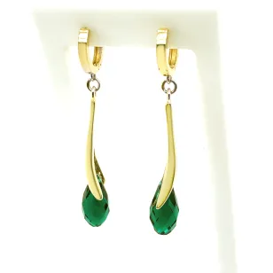 Złote kolczyki Swarovski Crystal wiszące zielone kryształy próba 585