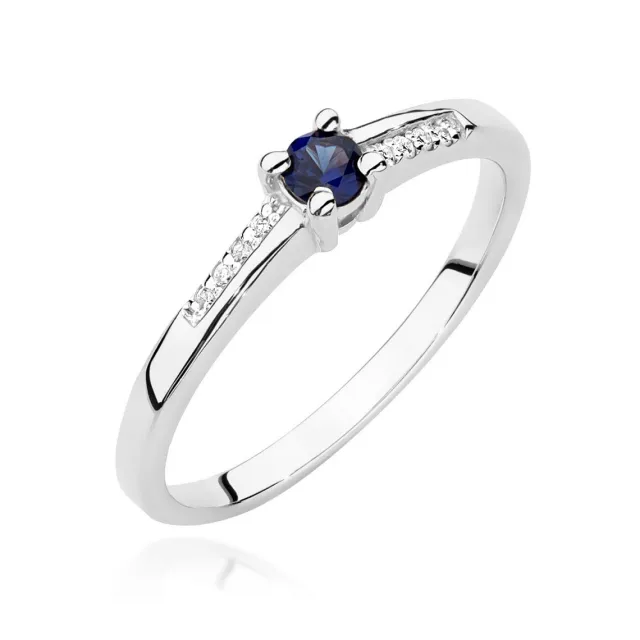 Złoty Pierścionek 585 Białe Złoto Z Szafirem Diamenty 0,15ct Certyfikat