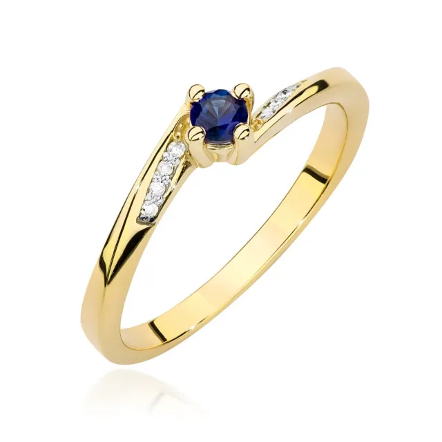 Złoty Pierścionek 585 Szafir Diamenty 0,15ct