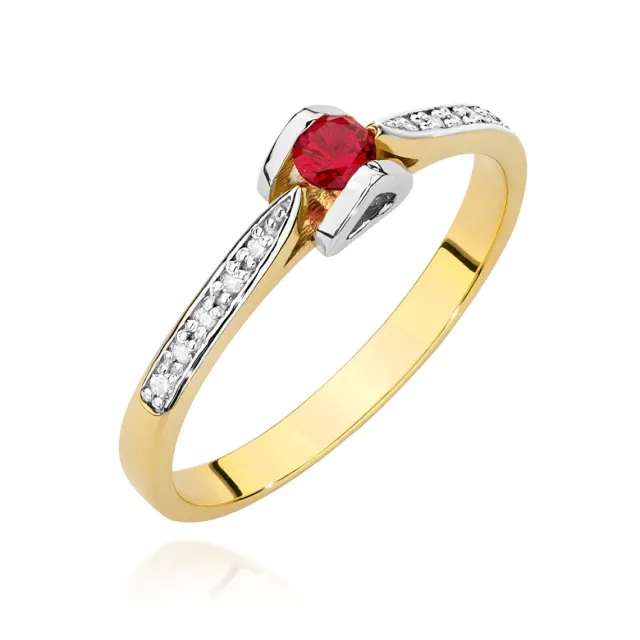 Złoty Pierścionek 585 Rubin Diamenty 0,15ct Certyfikat