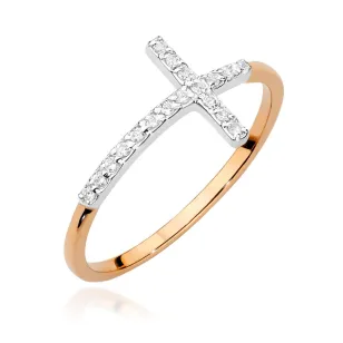 Złoty Pierścionek 585 Różowe Złoto Krzyż Brylant Diamenty 0,09ct