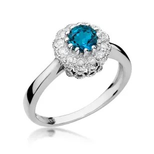 Złoty Pierścionek 585 Białe Złoto Topaz London Blue Brylanty