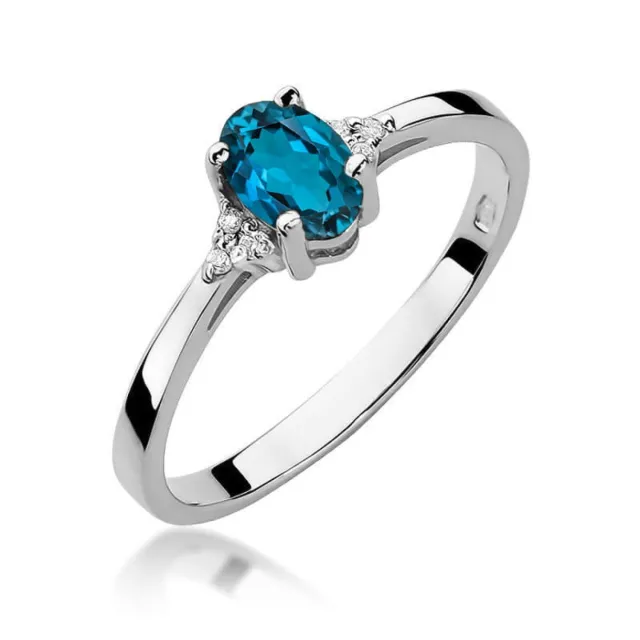Złoty Pierścionek 585 Białe Złoto Topaz London Blue Brylanty Certyfikat