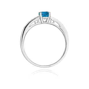 Złoty Pierścionek 585 Białe Złoto Diamenty Topaz London Blue