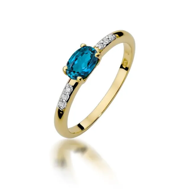 Złoty Pierścionek 585 Diament Topaz London Blue